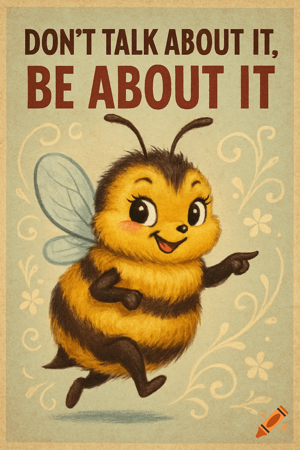 A vintage-style poster with a cute, fluffy cartoon bumblebee pointing, below the text "DON'T TALK ABOUT IT, BE ABOUT IT".