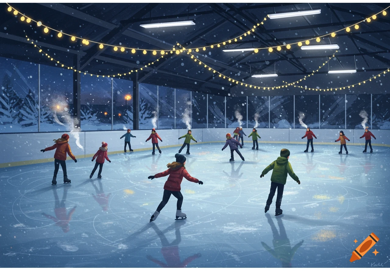 Children ice skating on an indoor rink at night, decorated with string lights, with snow falling outside.