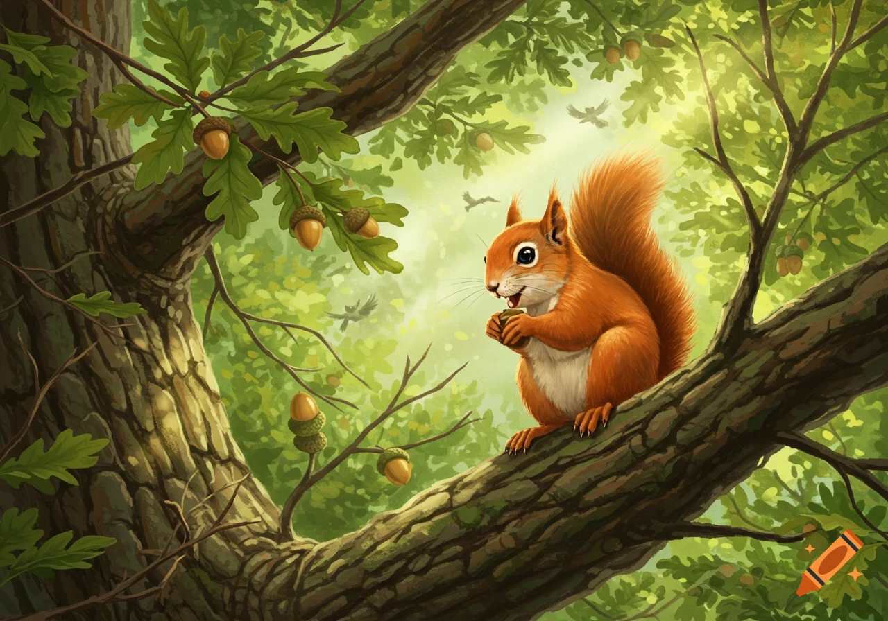 A cute, cartoonish red squirrel holding an acorn while sitting on a sunlit oak tree branch in a forest.