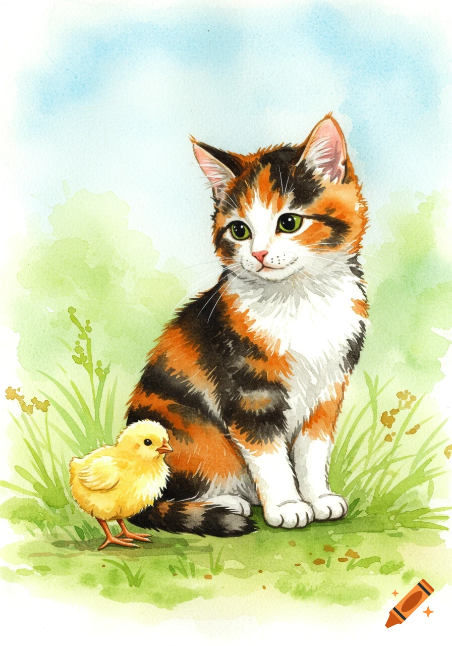 A cute calico cat sits next to a fluffy yellow baby chick in a grassy field, painted in a charming watercolor style.