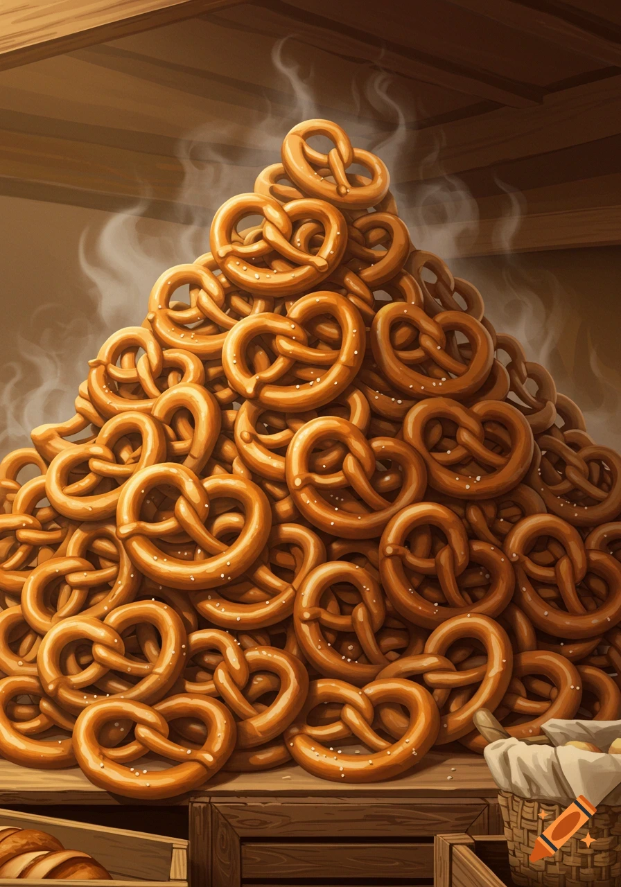 A giant steaming pile of warm, salted pretzels sits on a wooden counter in a bakery.