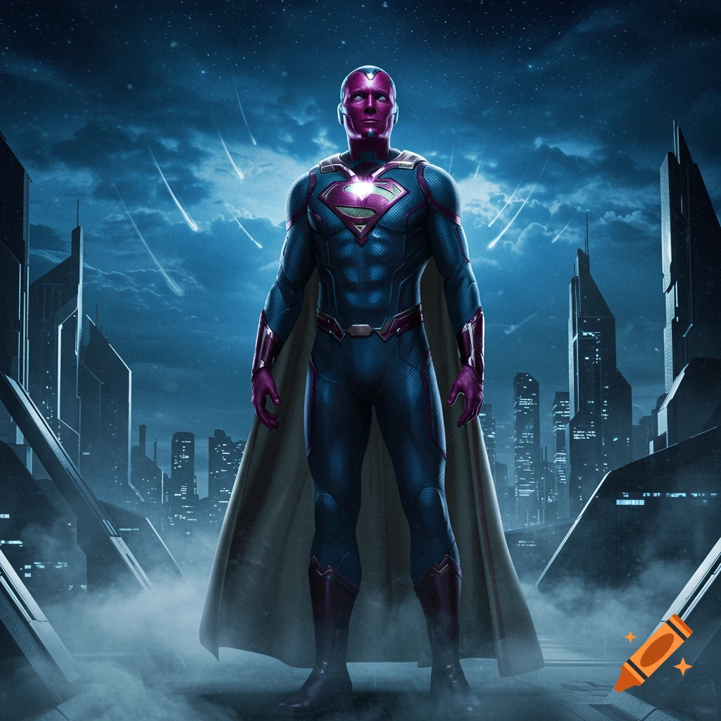 Vision character wearing a blue and black suit with purple accents and a Superman "S" shield on his chest, standing in a futuristic city at night with meteor showers in the sky.