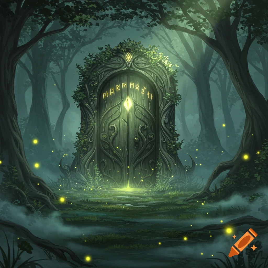 A magical, glowing wooden door covered in vines stands in a mystical, foggy forest with glowing fireflies.