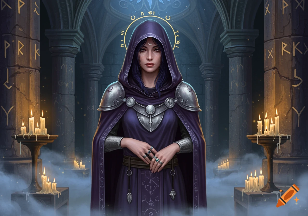 A hooded female cleric in purple robes and silver armor stands in a dark, candlelit gothic temple with runic pillars.