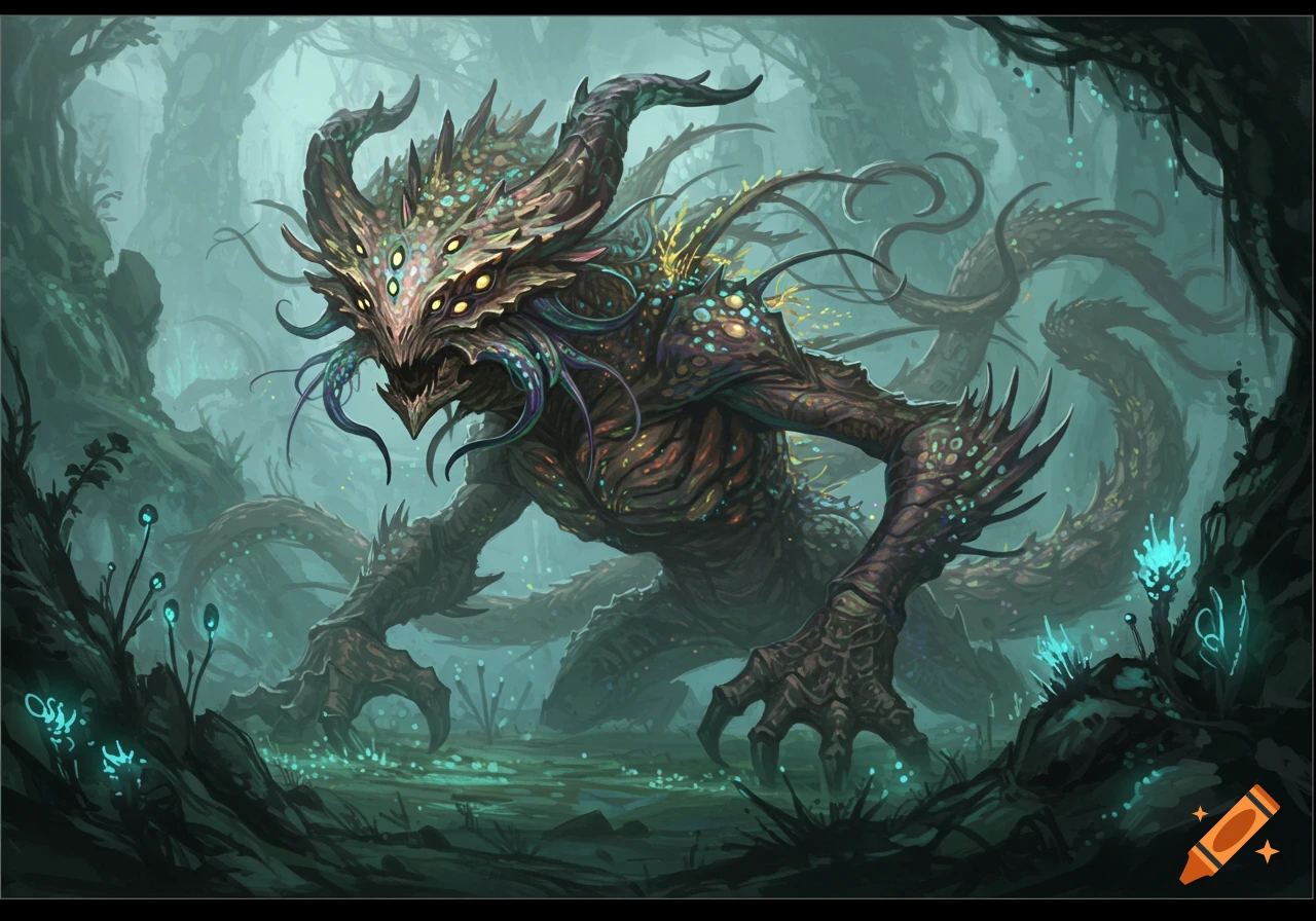 A many-eyed, horned monster with tentacles and glowing spots in a misty, dark fantasy swamp.