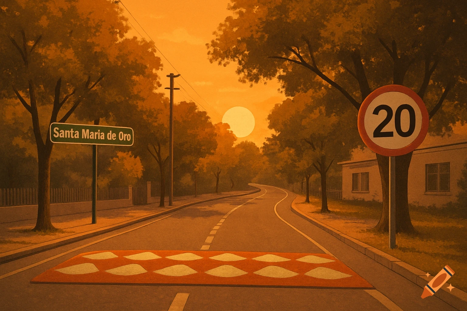 An illustration of a winding road at sunset, lined with trees. A green sign reads 'Santa María de Oro', and a red sign shows '20'.