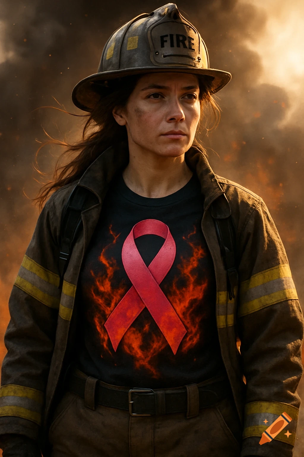 Photorealistic portrait of a female firefighter with a red awareness ribbon on her shirt, against a fiery, smoky background.