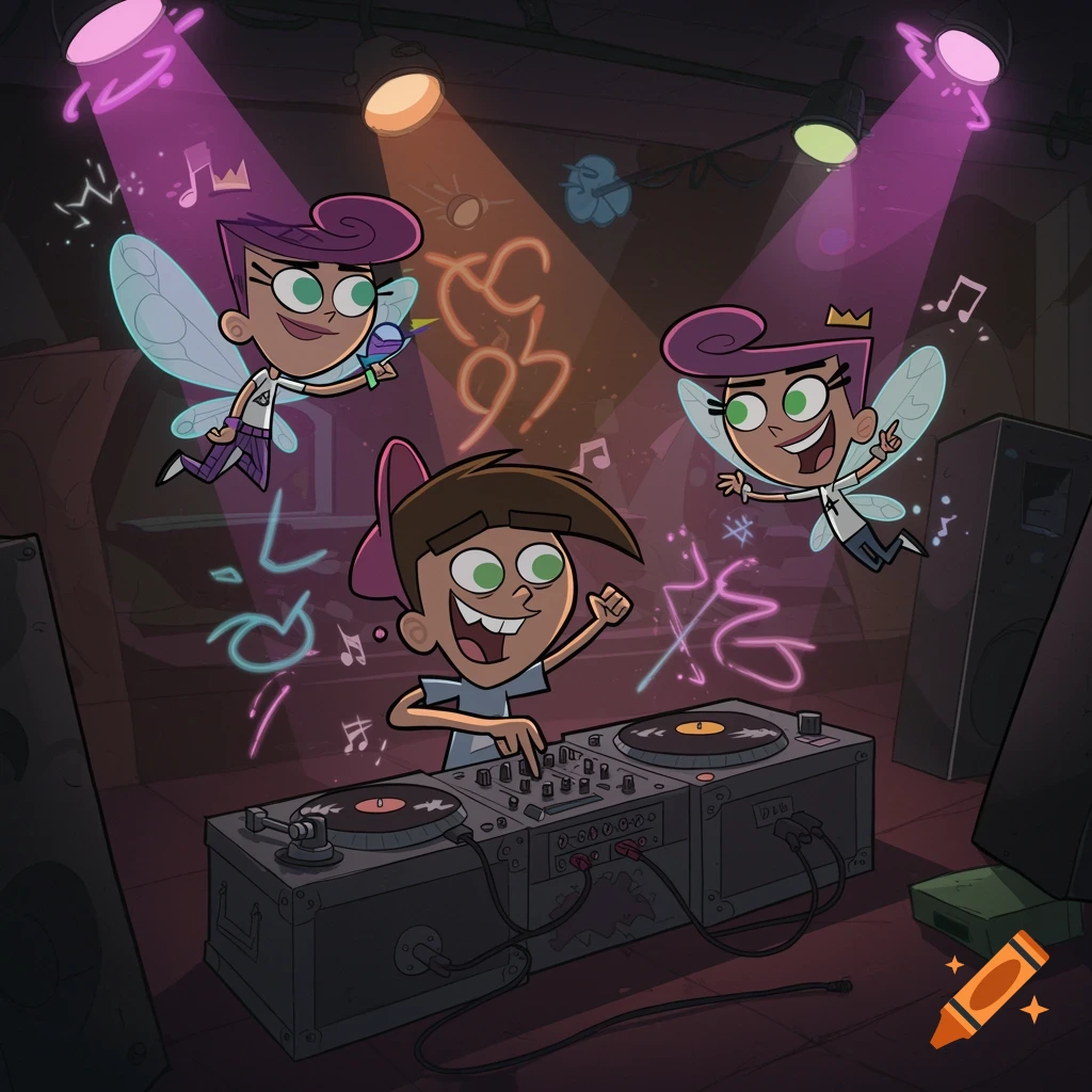 Timmy Turner, Wanda, and Cosmo from Fairly Odd Parents are performing a DJ set in a dimly lit room with purple and orange spotlights. Timmy is at the turntables, while Wanda and Cosmo, both fairies, fly above him. Glowing neon-like squiggles and musical notes float around them in the dark, club-like setting.