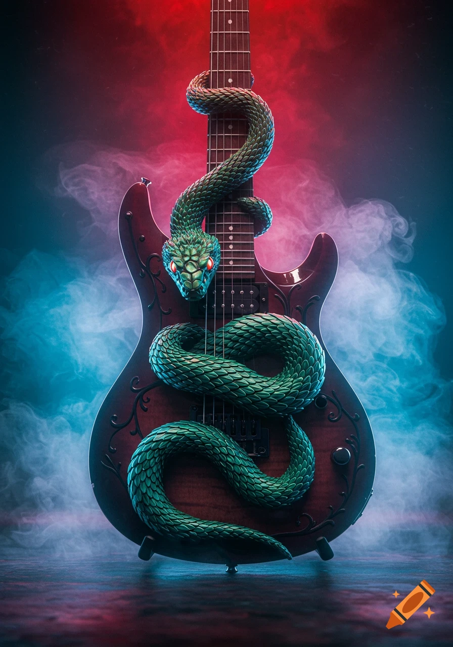 A detailed green serpent with glowing red eyes coiled around a dark red electric guitar, set against a smoky red and blue background.