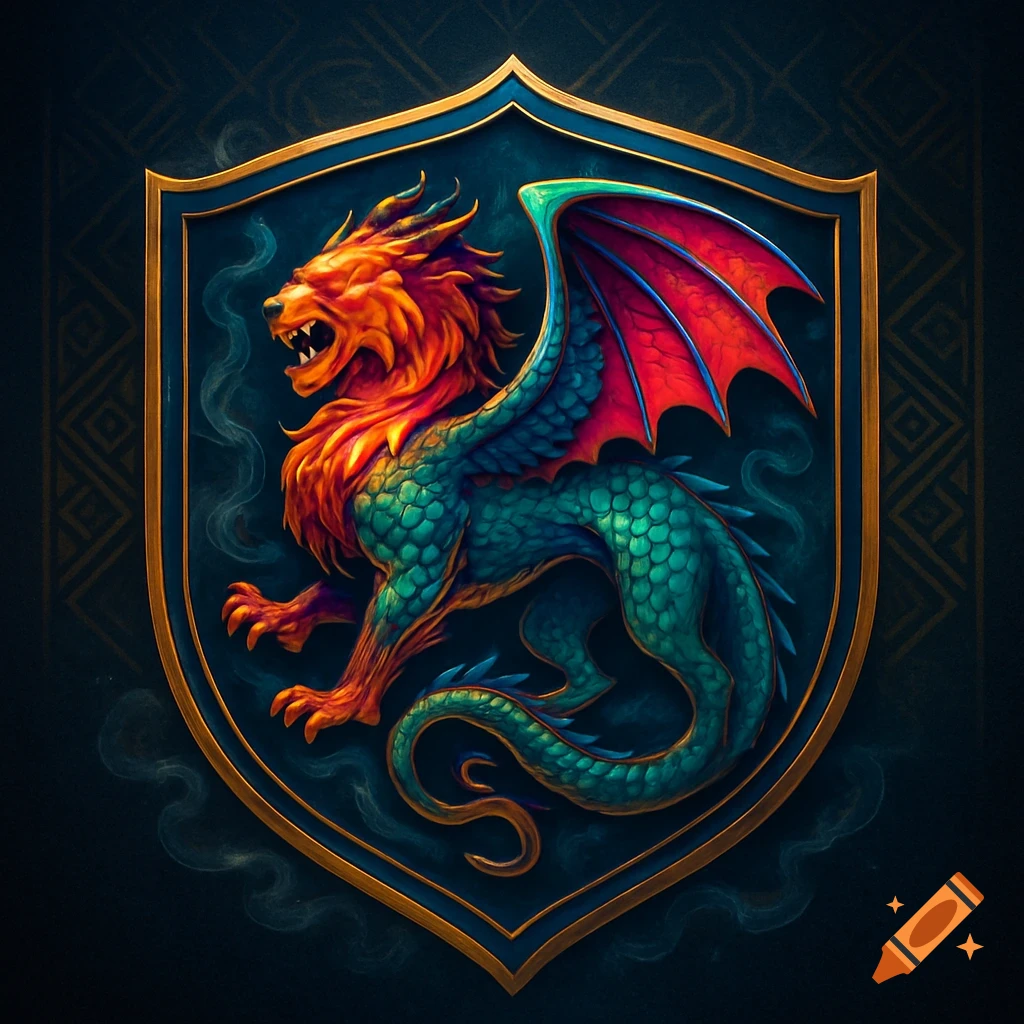 A colorful, stylized lion-dragon hybrid with a fiery mane, green scales, and red wings on a blue and gold shield.
