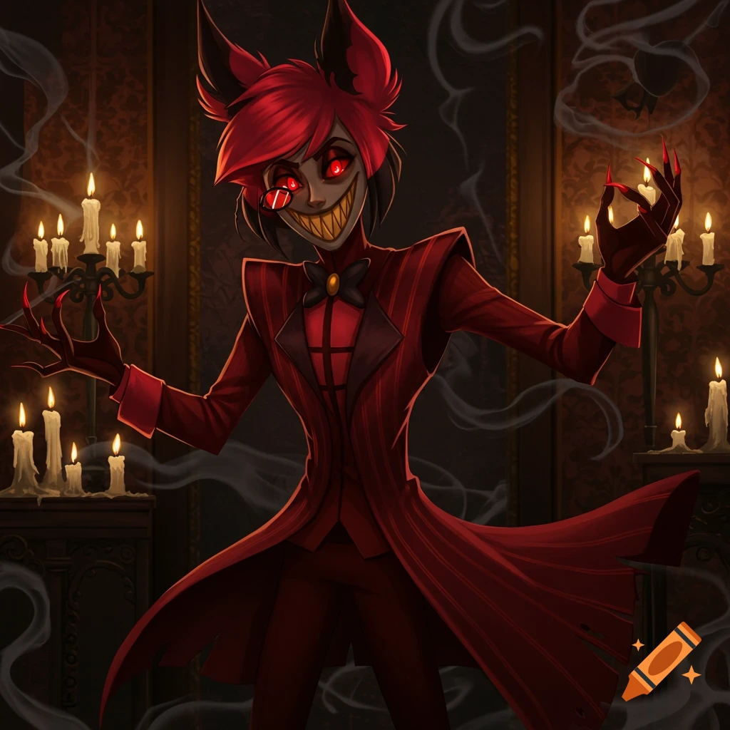 Stylized illustration of the demon Alastor with red hair, glowing red eyes, and sharp teeth, gesturing in a dark, candlelit room.