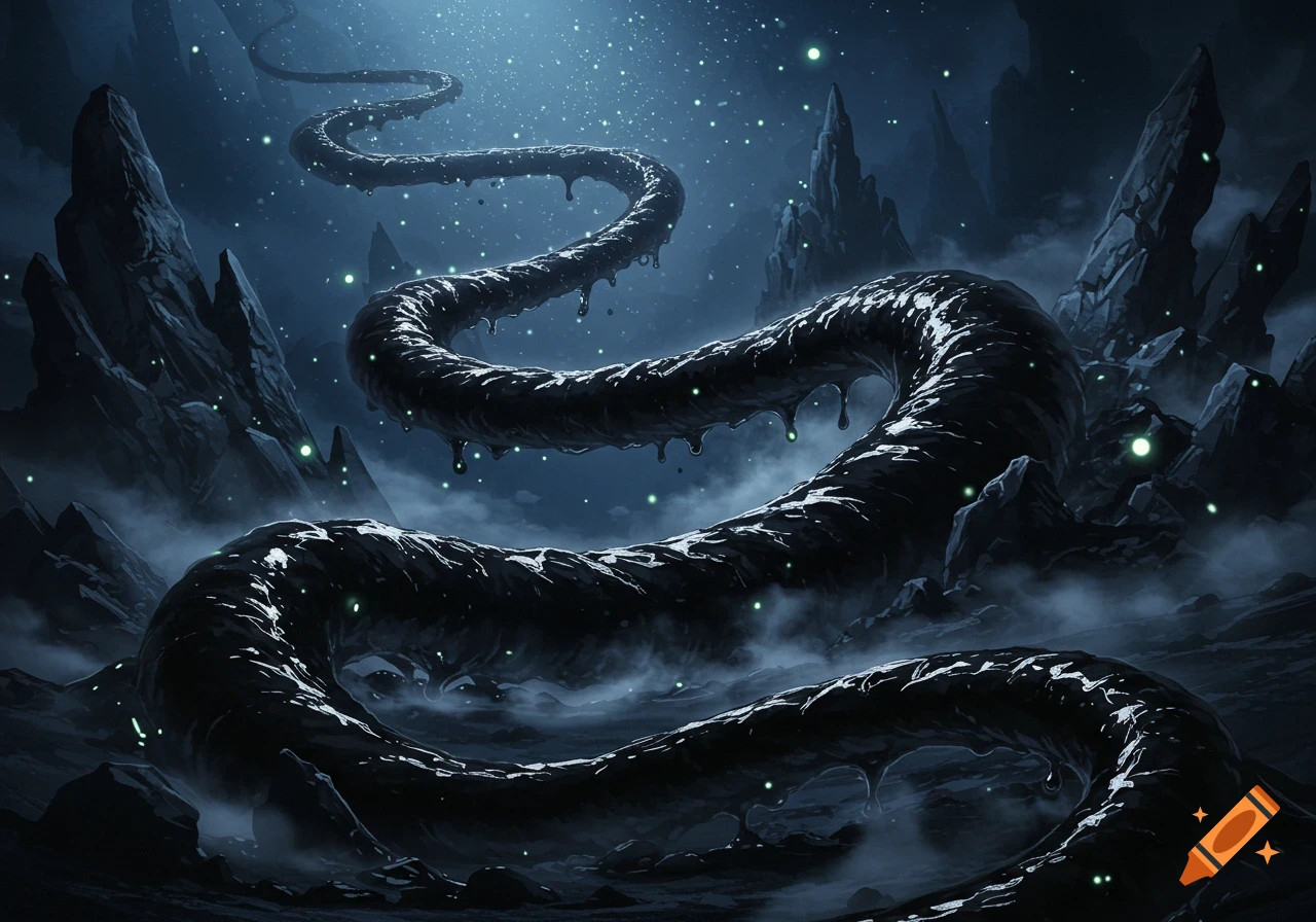 Dark, winding black ooze creature in a misty, rocky landscape under a starry sky, with glowing green lights. Fantasy art.