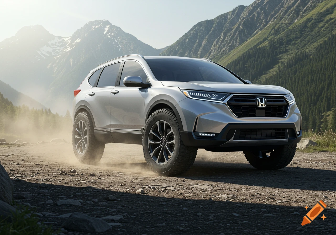 A silver Honda CRV SUV with large, aggressive tires kicks up dust on a dirt road in a sunny mountain landscape.