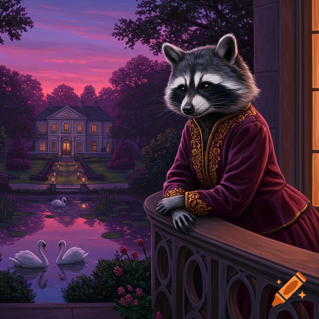 A regal raccoon in a purple and gold robe leans on a balcony overlooking a mansion, garden, and swan pond at sunset. Detailed painting style.