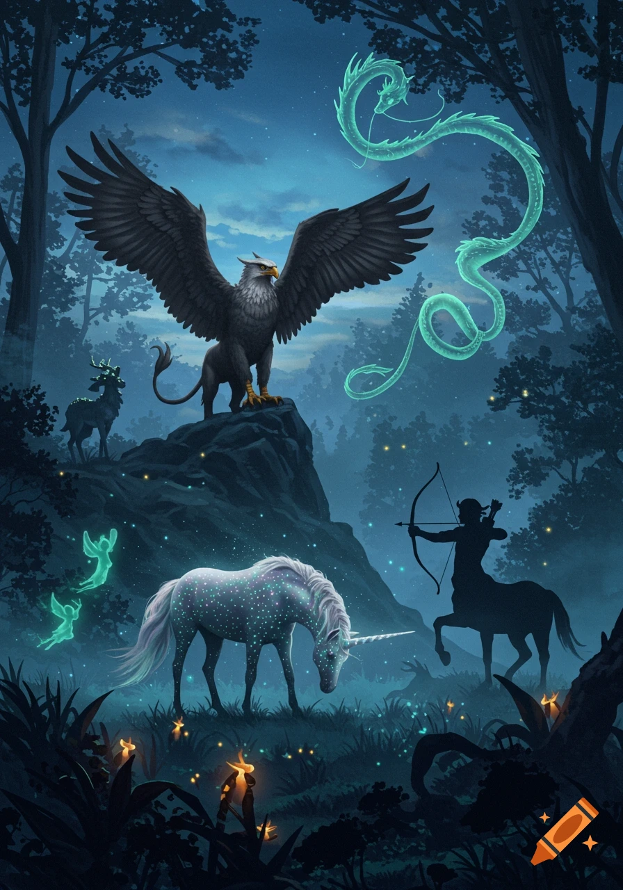 A griffin, glowing unicorn, centaur, and spirit dragon inhabit a magical forest at night with luminous flora.