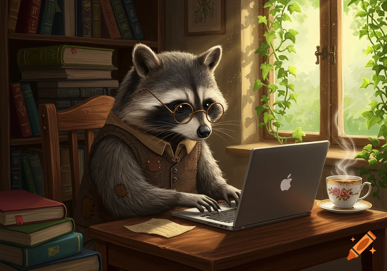 A scholarly raccoon wearing glasses and a waistcoat sits at a wooden desk, typing on a laptop with an Apple logo, next to a steaming cup of tea. Bookshelves line the wall, and sunlight streams through a window covered in ivy.