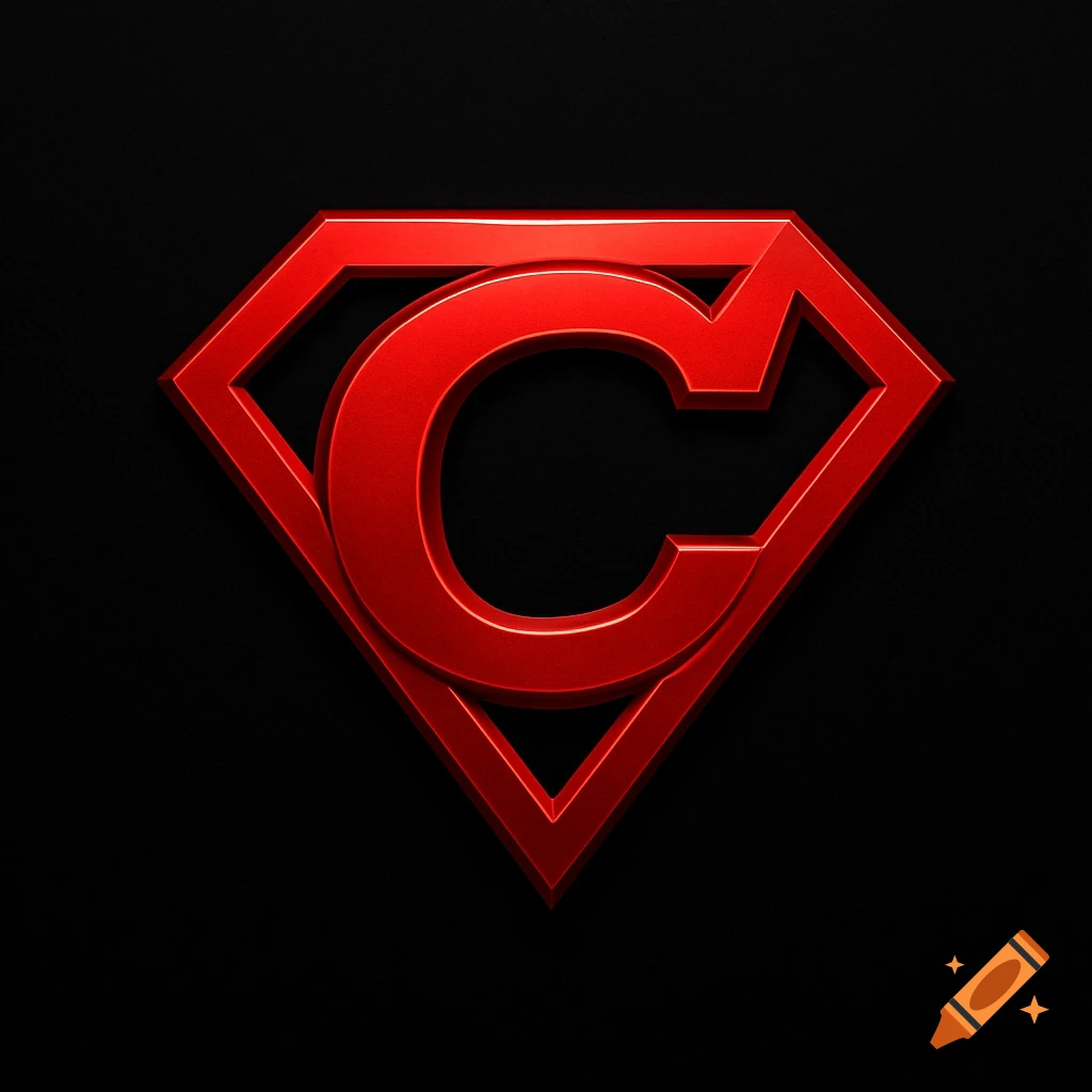 A glossy red letter C superhero emblem on a black background.