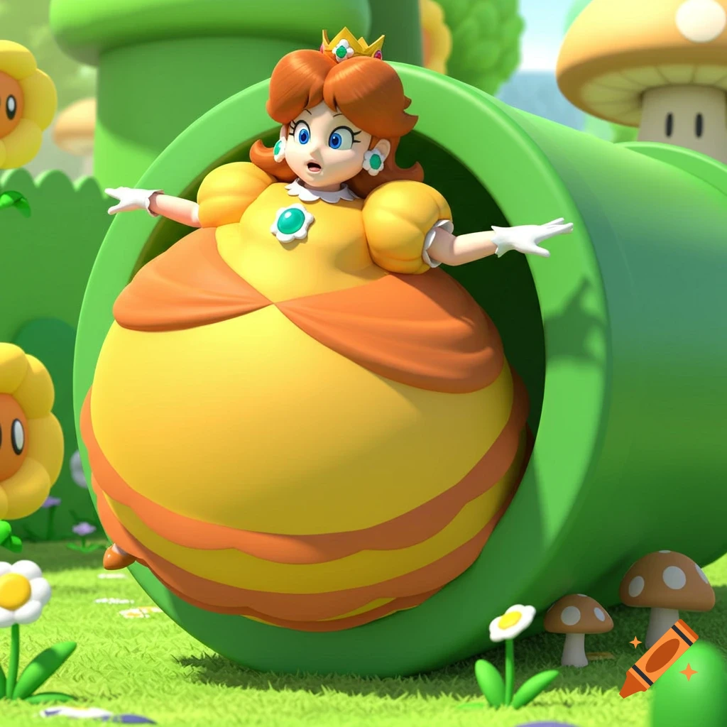 Princess Daisy, with a massively bloated yellow dress, is stuck in a green pipe in a cartoon-like grassy field with flowers and mushrooms.