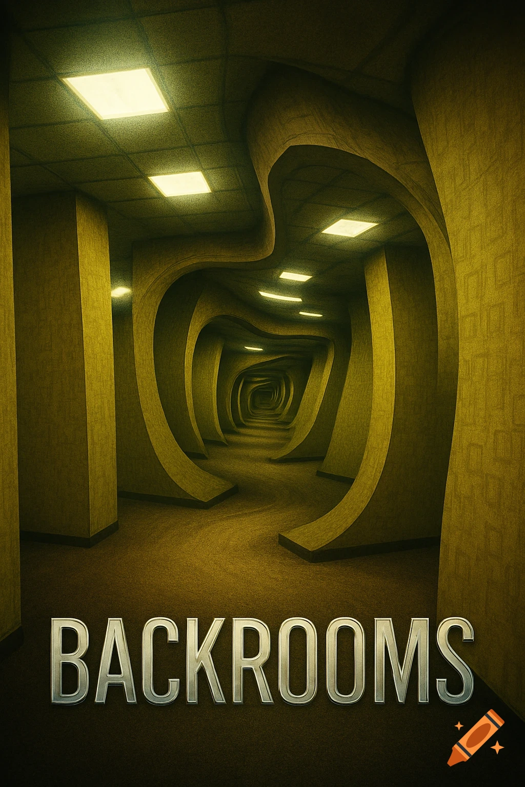 A distorted, yellow-hued corridor of the Backrooms with curving walls and glowing square lights, with 'BACKROOMS' text at the bottom.