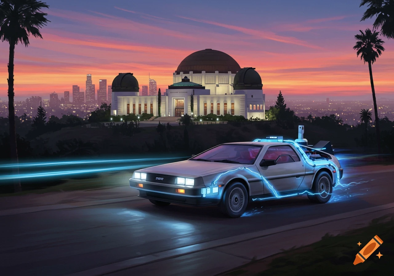 Retro-futuristic DeLorean car with blue glow driving past Griffith Observatory and a Los Angeles skyline at sunset.