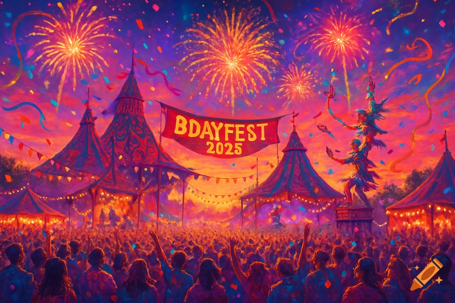 Vibrant, painterly image of a large crowd at a festival under a sky filled with fireworks, with a banner reading 'BDAYFEST 2025'.