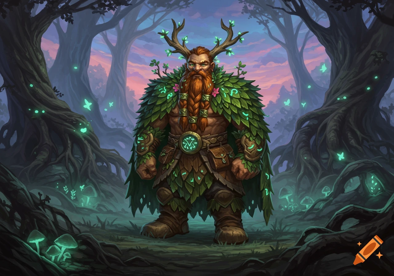 A bearded dwarven druid with antlers and a leaf cloak stands in a magical forest with glowing mushrooms and roots.