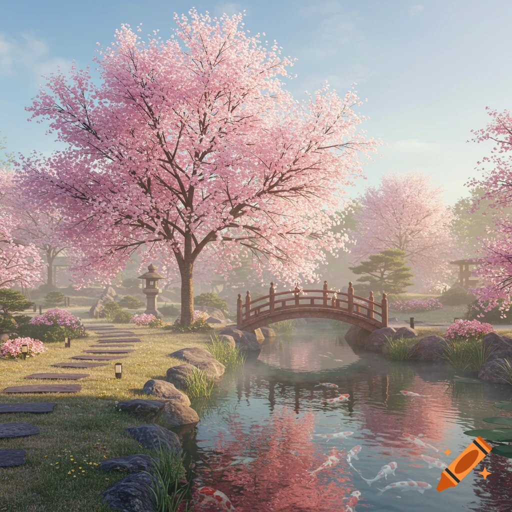A serene Japanese garden with vibrant pink cherry blossoms, a traditional wooden bridge over a pond with koi fish, and stone pathways.