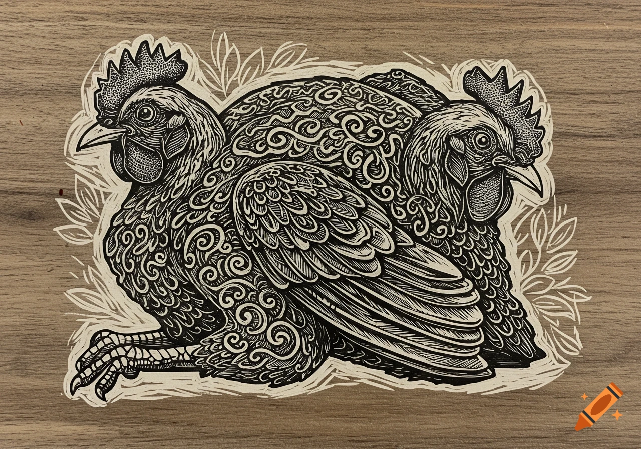Black and white linocut of two stylized chickens with detailed patterns, on a wood background.