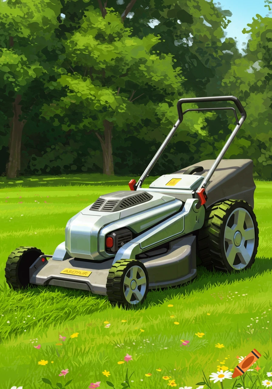 A stylized illustration of a silver and grey lawnmower sitting on lush green grass with wildflowers and trees in the background.