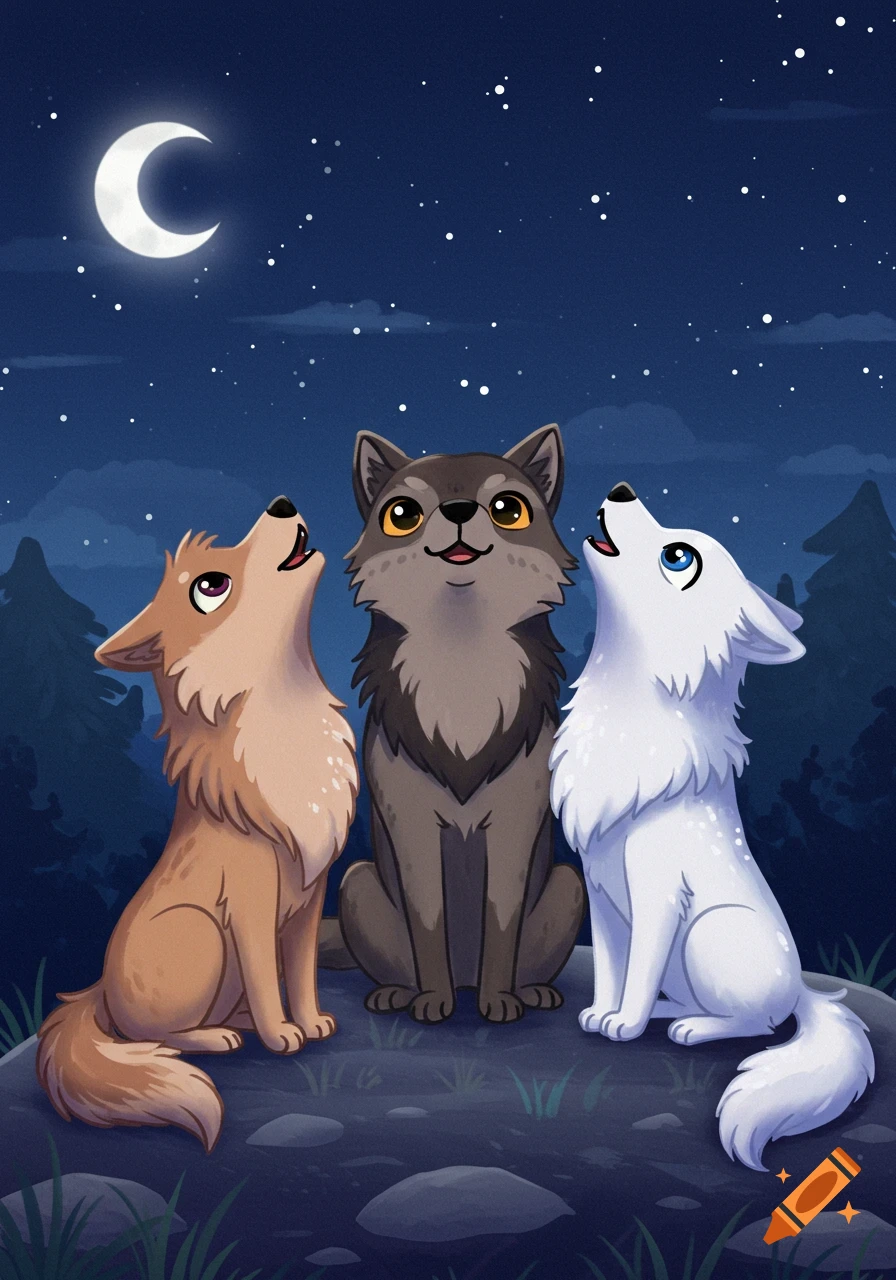 Three cartoon wolves, brown, grey, and white, sit on rocks. Two howl at a crescent moon in a starry night sky.