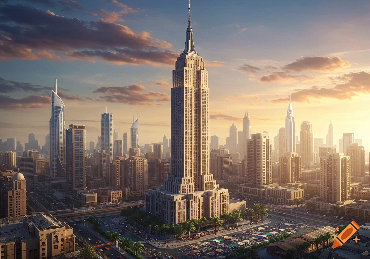 A photorealistic cityscape at sunset featuring a prominent Art Deco skyscraper surrounded by modern buildings, streets, and palm trees.