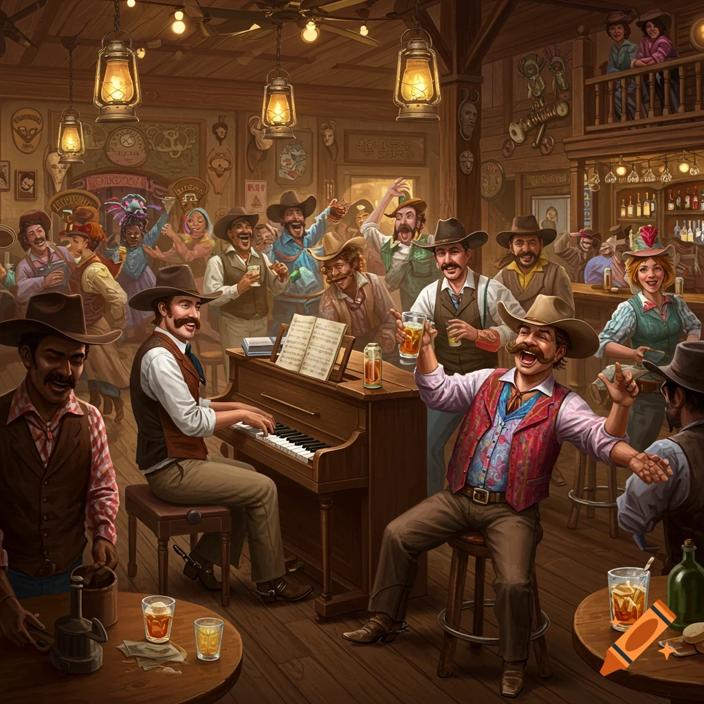 Lively illustrated scene in a Wild West saloon with cowboys and cowgirls drinking, dancing, and a pianist entertaining.