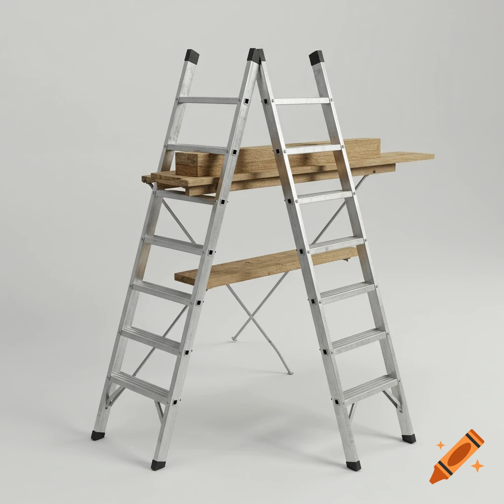 Two silver step ladders with wooden planks forming a scaffold on a white background.