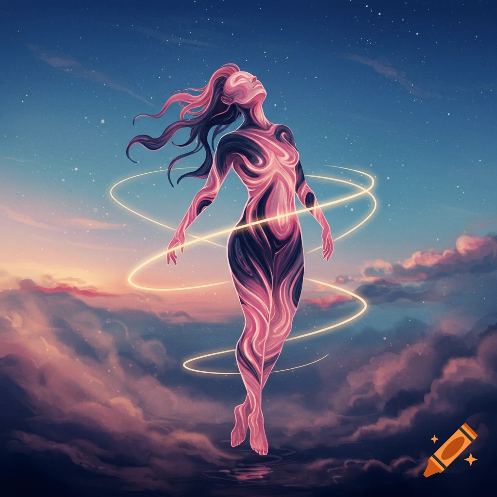 A stylized, ethereal figure with swirling pink and navy patterns floats in a cosmic sky with clouds and glowing rings.
