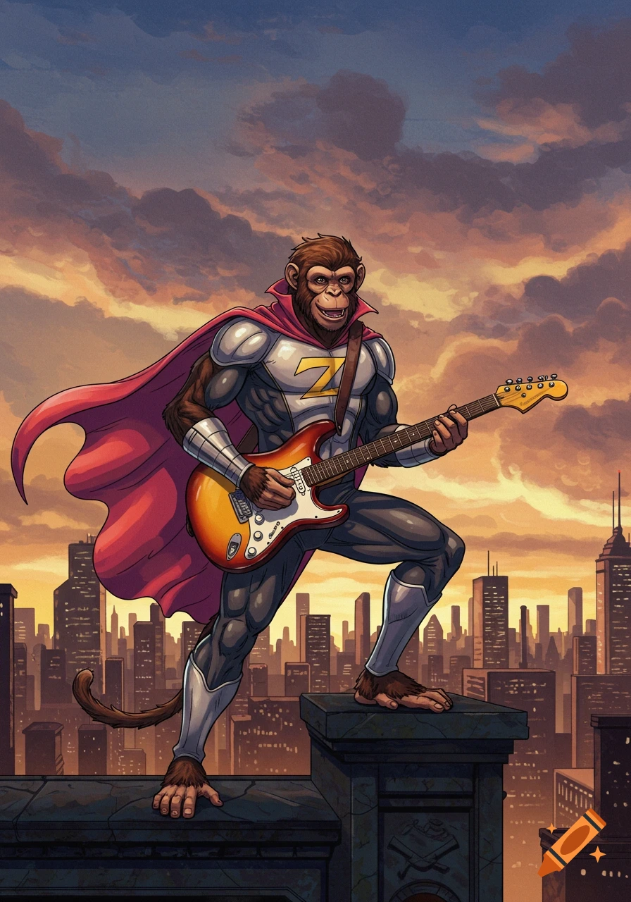 A heroic anthropomorphic monkey superhero in a bodysuit with a 'Z' emblem and red cape plays an electric guitar on a city rooftop at sunset.