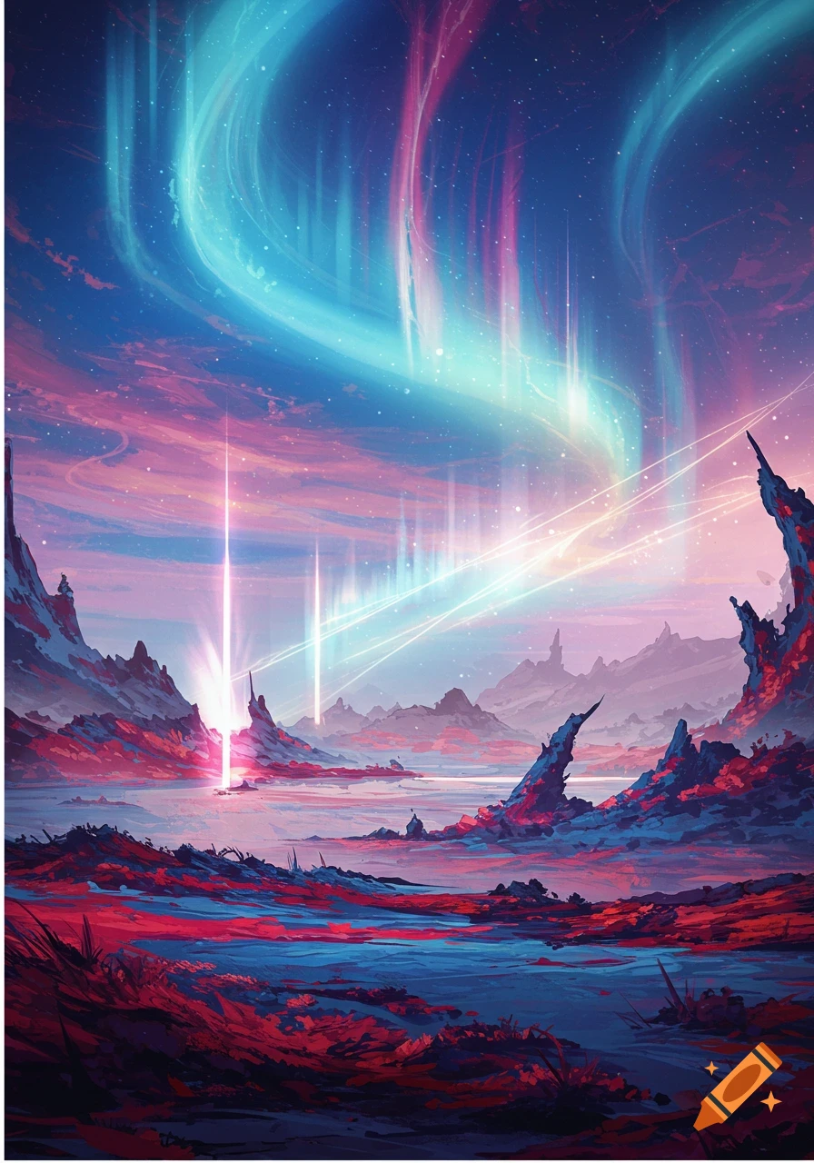 A vibrant fantasy landscape with colorful aurora-like lights in the sky, sharp rock formations, and a surreal, glowing atmosphere.