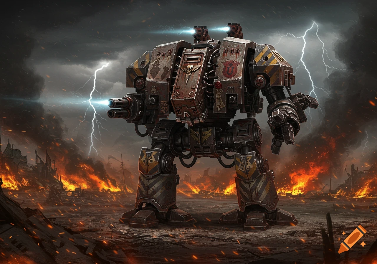 A heavily armed Iron Warriors Redemptor Dreadnought stands amidst a fiery, war-torn landscape under a stormy, lightning-filled sky.