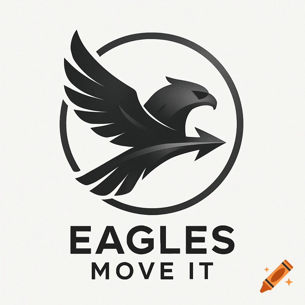 Black and white logo of an eagle with an arrow body flying inside a circle, above text 'EAGLES MOVE IT'.