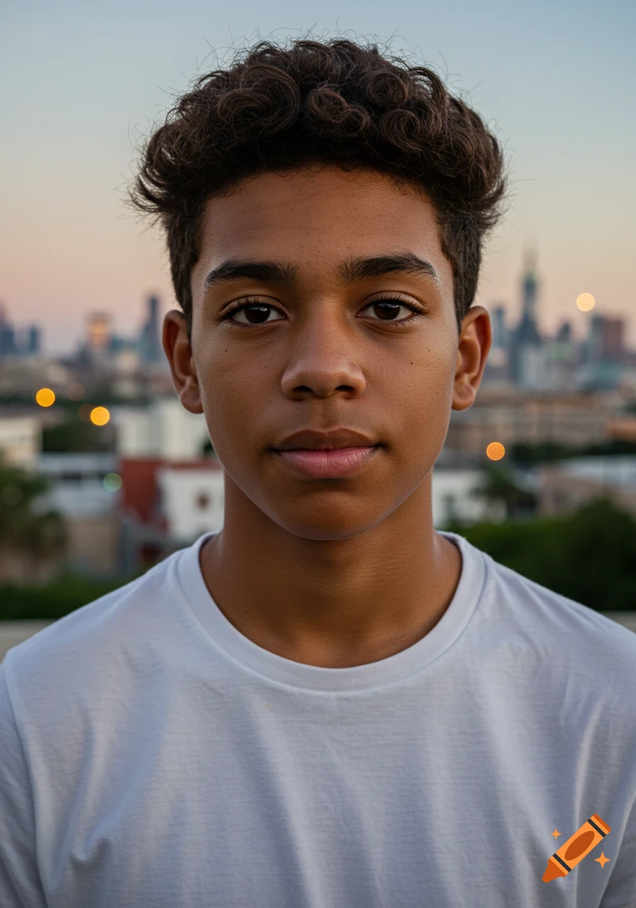 Photorealistic portrait of a teen boy with dark curly hair and caramel skin in a white t-shirt, gazing forward, with a blurred cityscape at sunset.