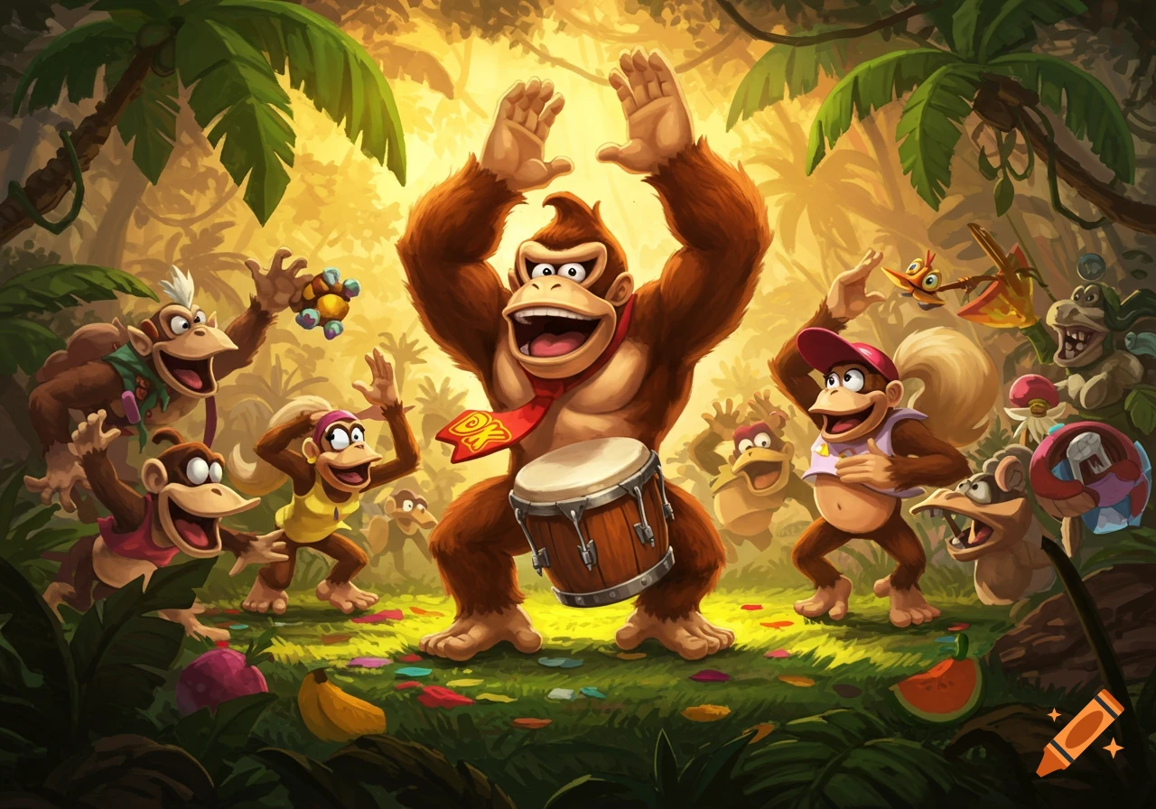 Donkey Kong and other monkey characters celebrate in a vibrant jungle, surrounded by palm trees and scattered fruit.