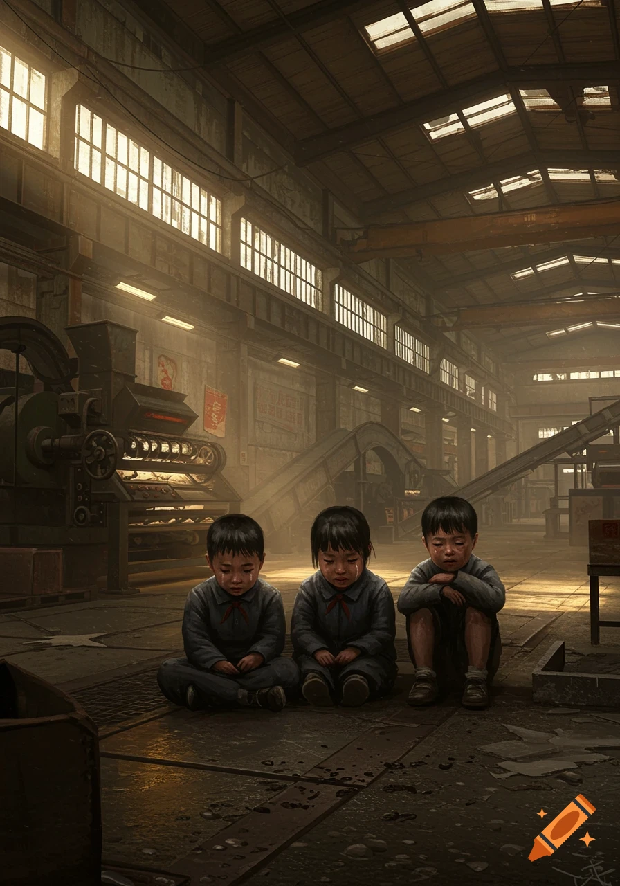 Three crying young children sit on the floor of a large, dimly lit factory with industrial machinery and bright windows.