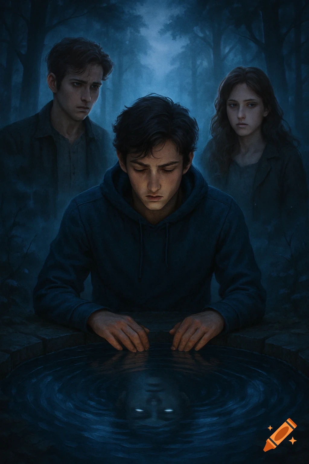 Three worried teenagers in a dark, misty forest. One boy looks into a well, seeing a distorted, glowing reflection.