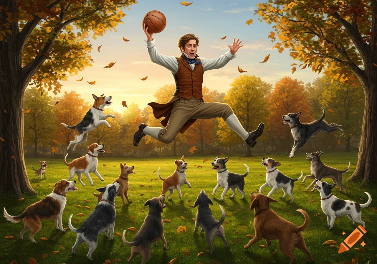 A man in period clothing leaps with a basketball while numerous dogs play around him in an autumn park, digital art.