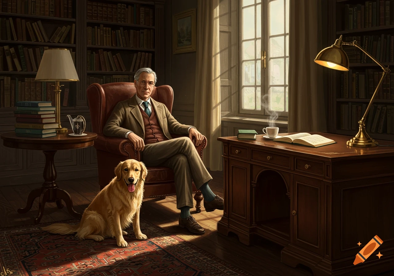 An older man in a suit sits in a leather armchair with a golden retriever next to him in a sunlit study.