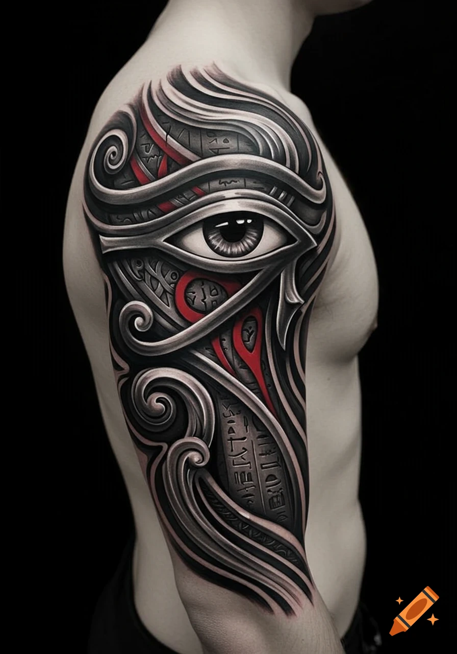 A detailed black, white, grey, and red 3D Eye of Ra tattoo on a person's shoulder.