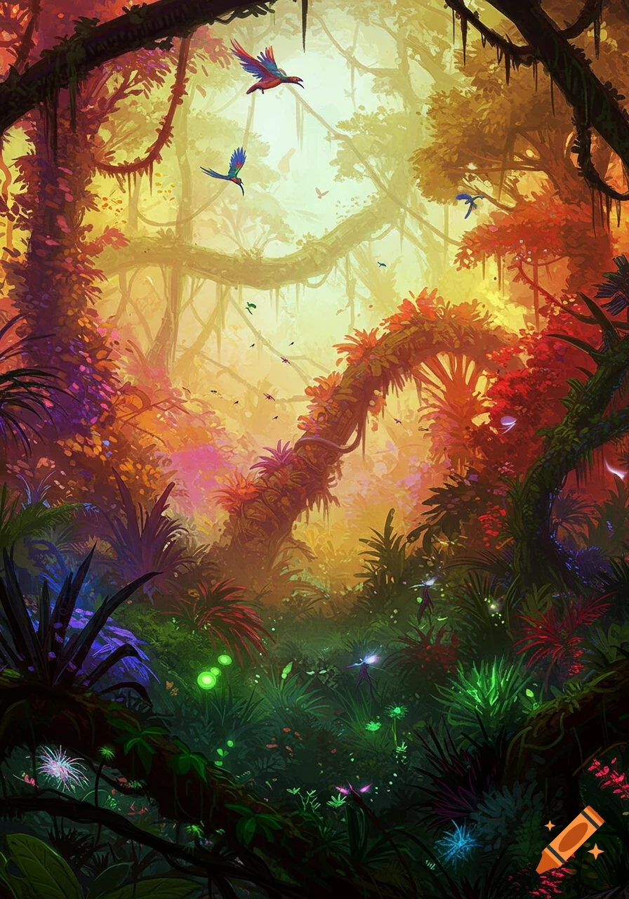 Vibrant, fantastical jungle landscape with exotic plants, birds, and glowing foliage under a bright sky, in an illustrative style.