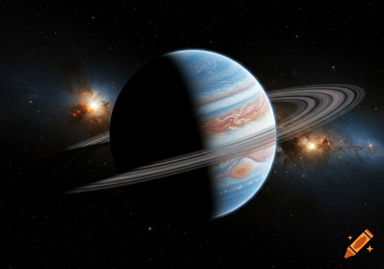 A large ringed planet with blue, white, red, orange, yellow, and pink bands floats in space with nebulas and stars.