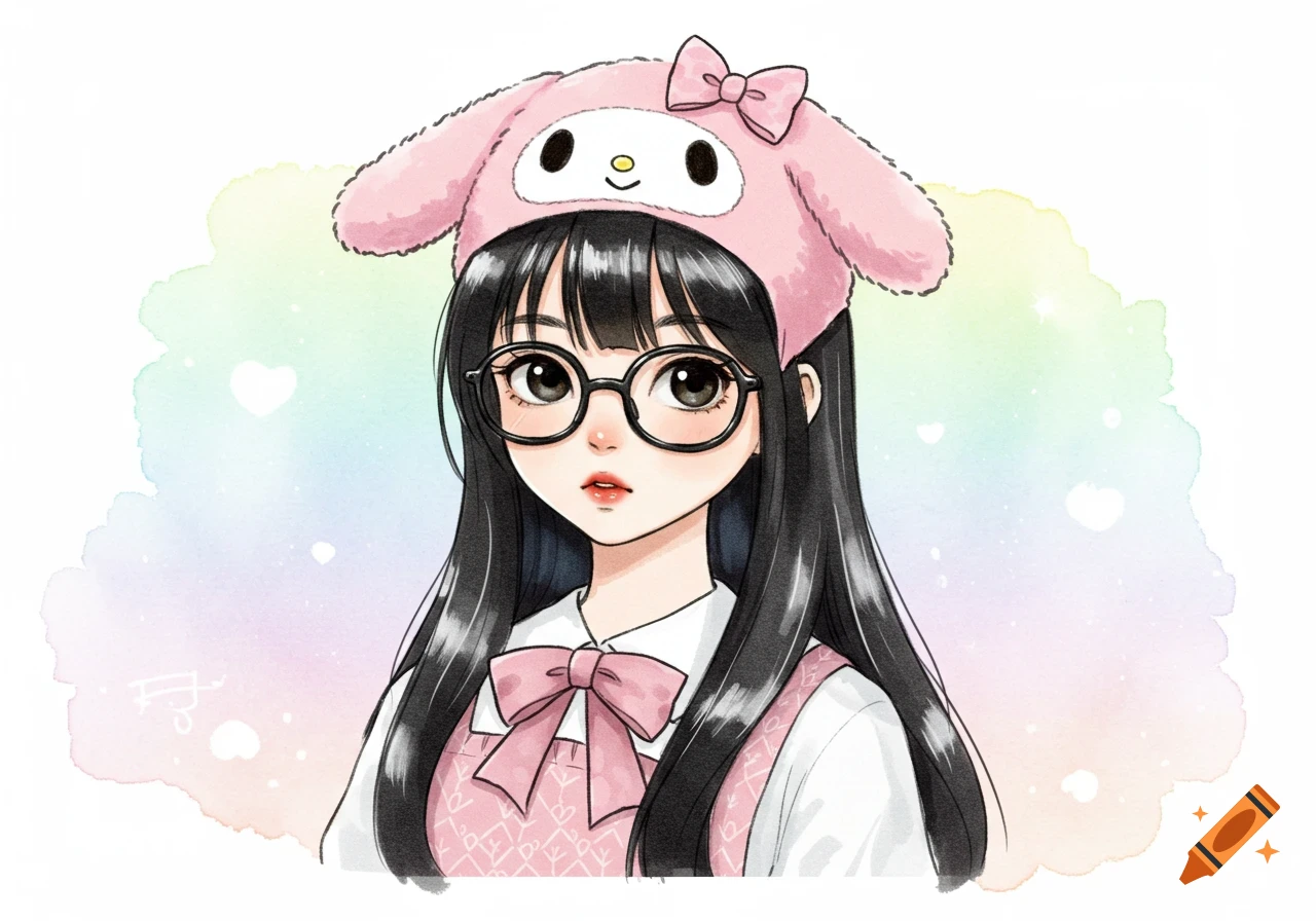 Anime-style portrait of a girl with long black hair, black glasses, and a pink My Melody hat on a pastel watercolor background.