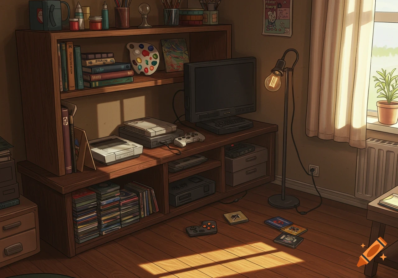 An illustration of a cozy bedroom nook with a wooden bookshelf, a vintage TV, video game consoles, art supplies, books, and CDs, bathed in sunlight from a window.