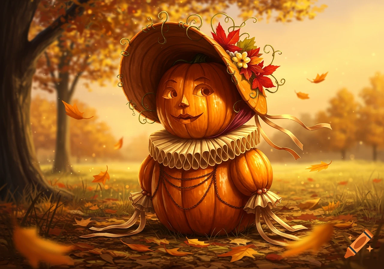 A cute pumpkin character wearing a fancy hat decorated with fall leaves and a ruffled collar, set in a golden autumn forest with falling leaves.